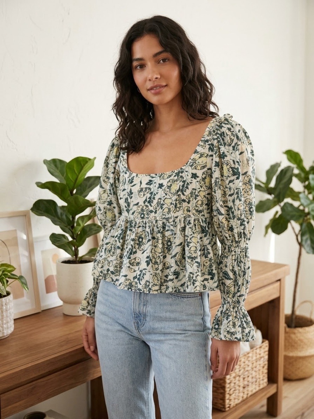 PILCRO Anthropologie Floral Long Sleeve Top S Square Neck Tie Back Smocked